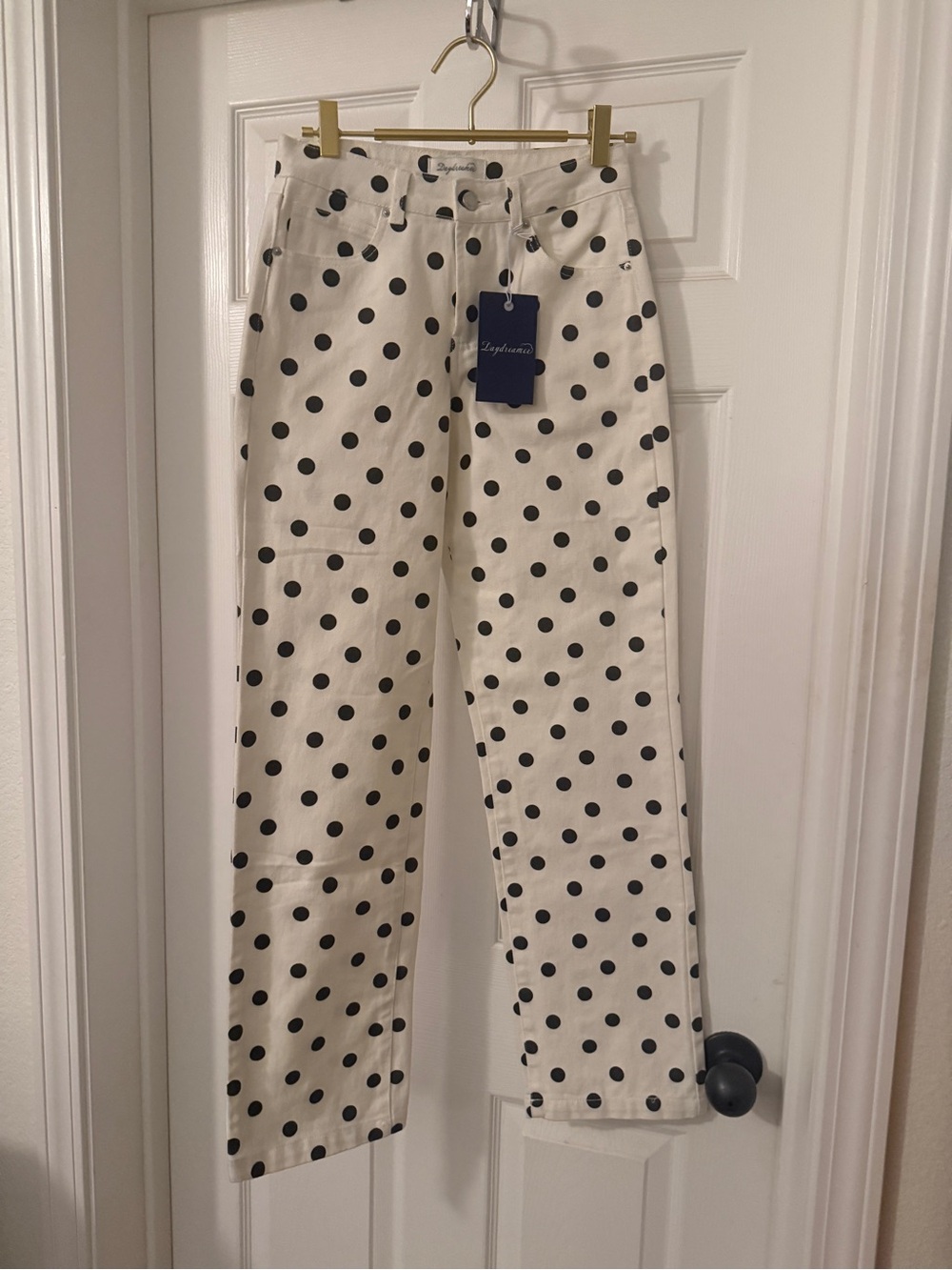 NWT Daydreamer Black Polka Dot Straight-Leg Women’s Jeans on Cream